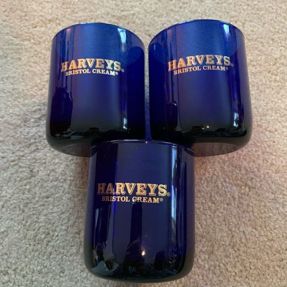 3 Harvey’s Bristol Creme Blue Glass Tumblers